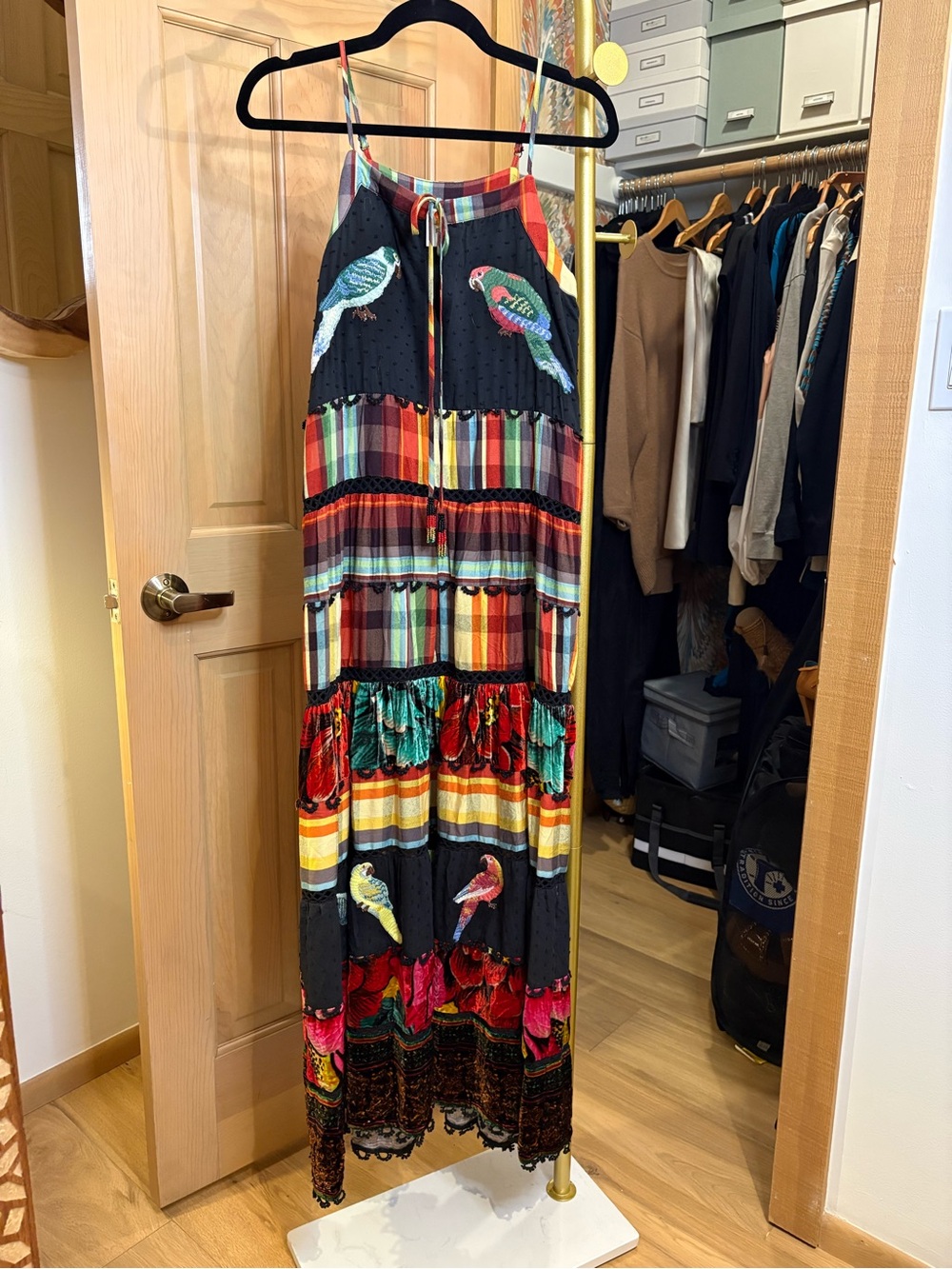 Farm Rio Bohemian Multicolor Tiered Maxi Skirt with Parrot Embroidery